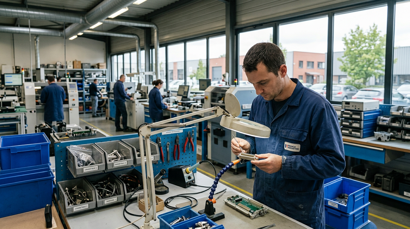 Un technicien d'une PME de l'industrie électronique en France inspectant un composant.