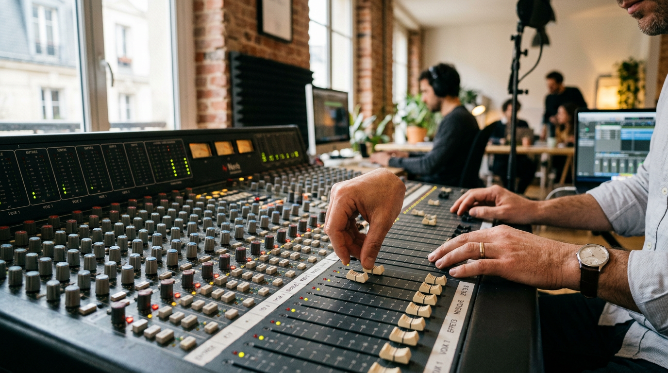 Détail d'une console de mixage pour la production de podcast sportif, un élément clé du business model créateur.