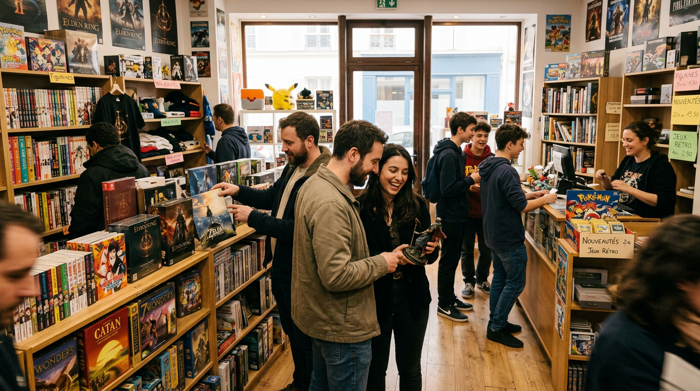 Intérieur d'une boutique de jeux vidéo indépendante illustrant un nouveau modèle économique retail basé sur la communauté.
