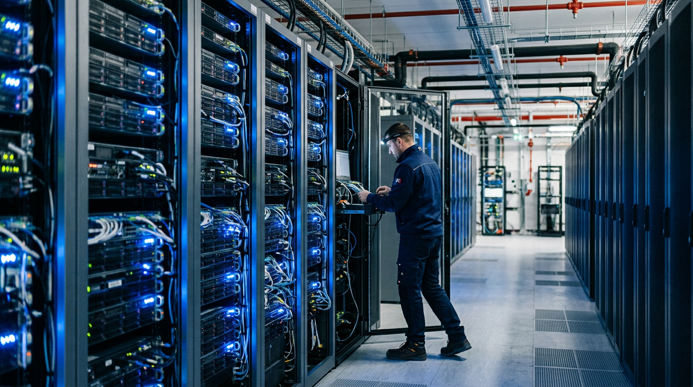 Un technicien dans un data center, illustrant l'enjeu de la souveraineté numérique pour l'économie française.