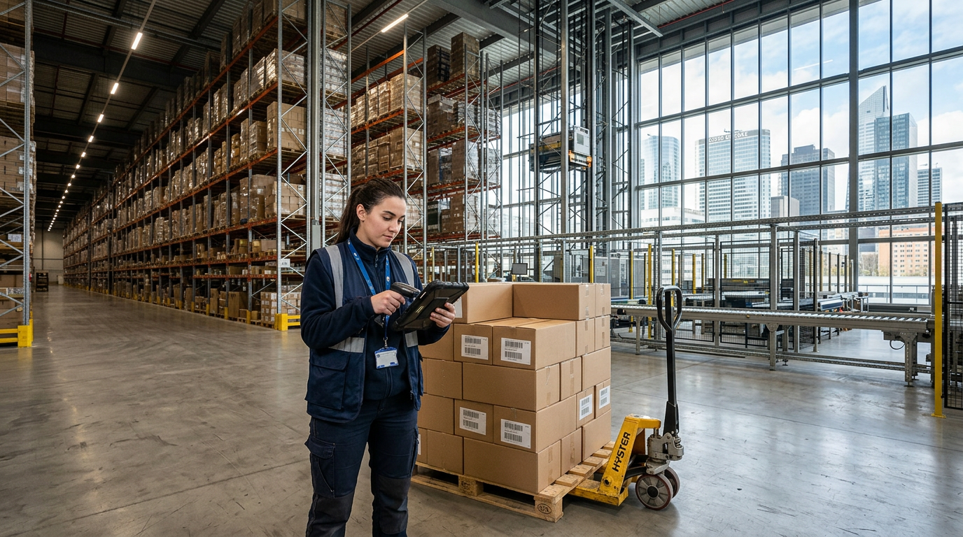Opérateur dans un entrepôt utilisant une tablette pour optimiser la logistique PME grâce à la digitalisation.