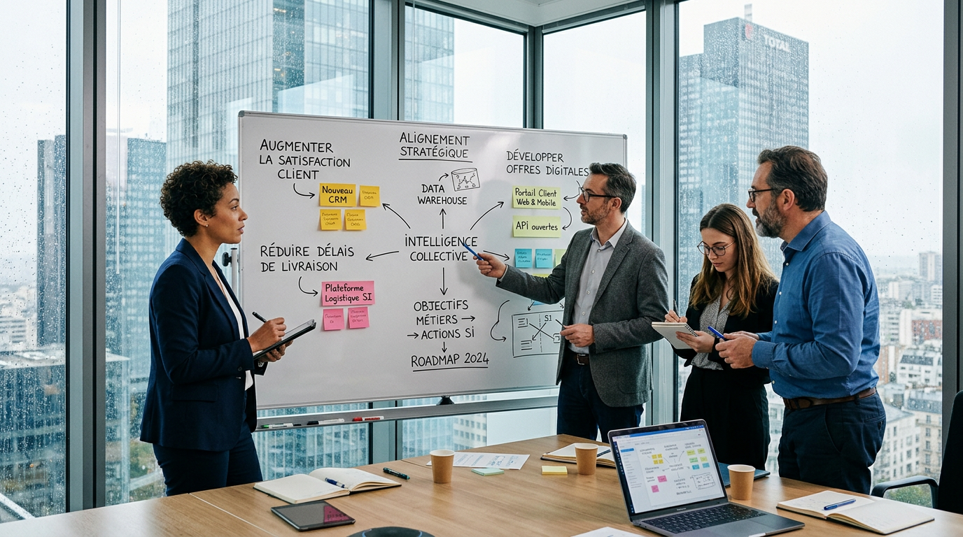 Schéma de gouvernance SI pour PME sur un tableau blanc, illustrant la nouvelle stratégie SI.