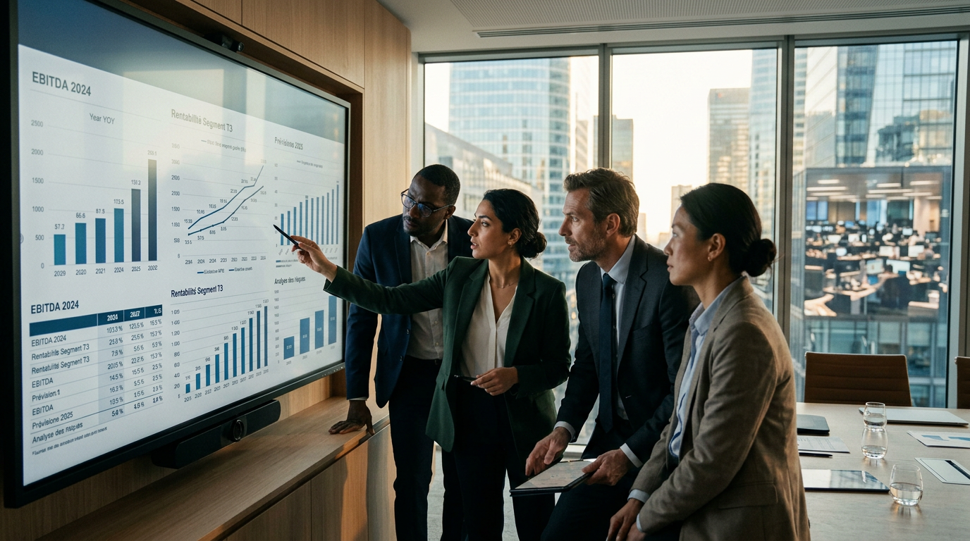 Une équipe de direction analyse la stratégie de croissance d'une scale-up tech française sur des dashboards.