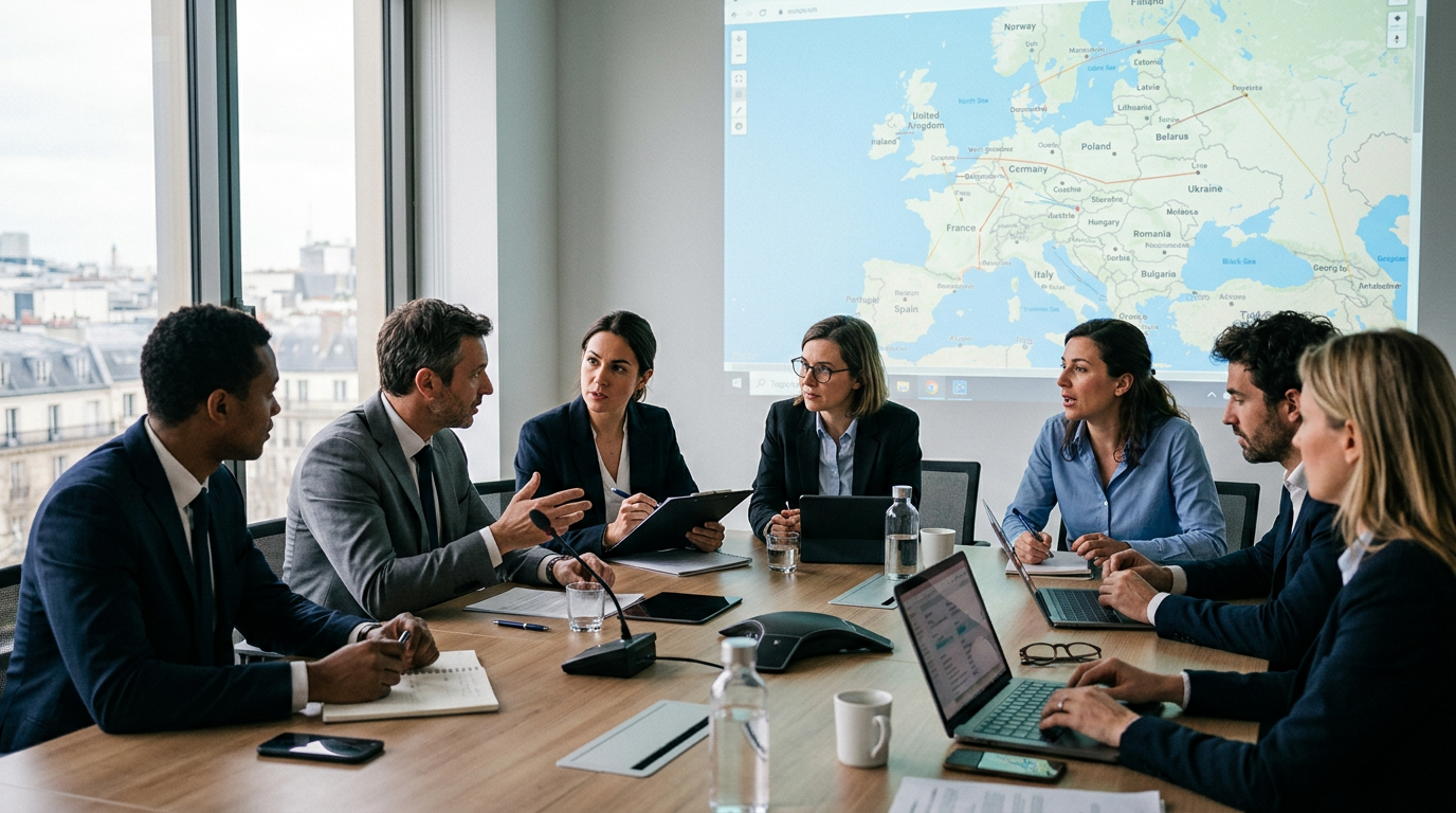 Dirigeants de PME discutant de la vision et de la stratégie d'entreprise face à la gouvernance européenne.