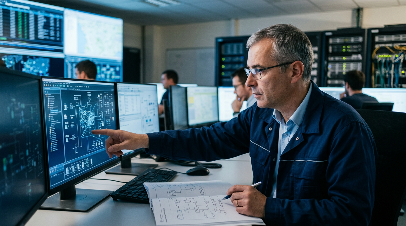 Ingénieur évaluant une intelligence artificielle dans l’énergie sur un poste sécurisé
