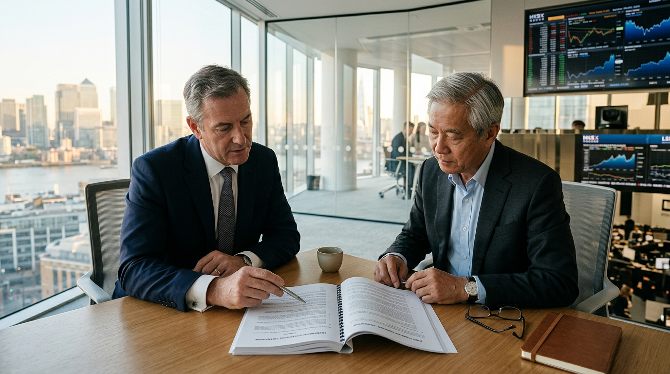 Deux dirigeants analysant un contrat commercial international, illustrant le besoin d'une traduction juridique précise.