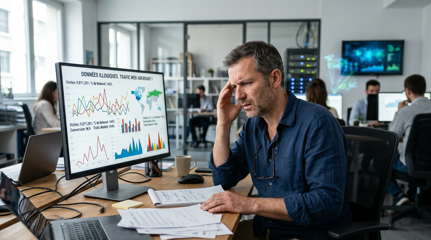 Tableau de bord d'analytics faussées par des visiteurs non humains, illustrant le besoin de bot detection.