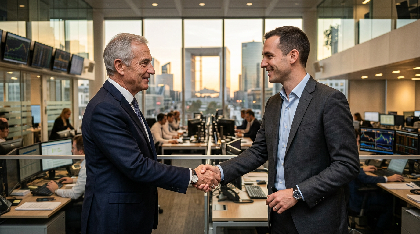 Deux dirigeants finalisant la transmission d'une entreprise, un enjeu clé pour les PME.