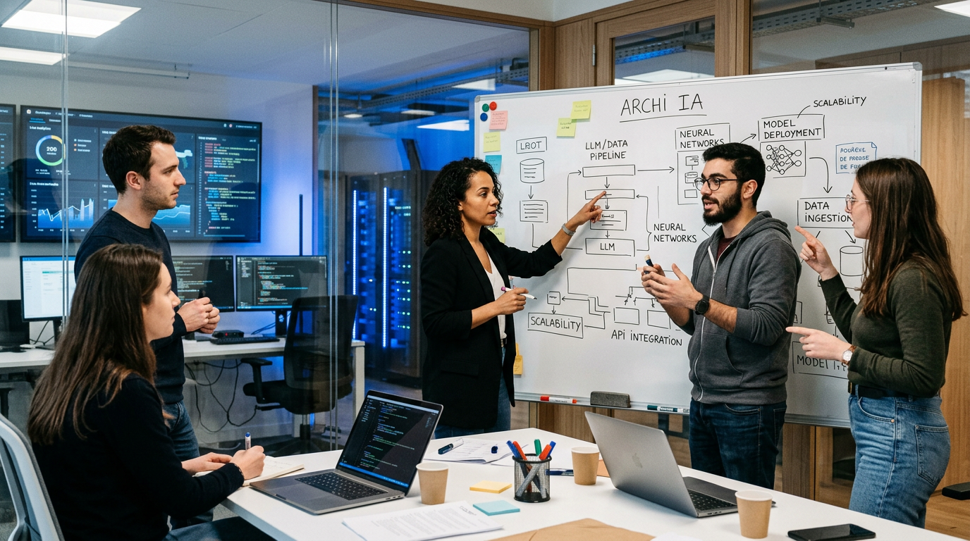 Une équipe d'une startup française travaillant sur un projet d'IA pour répondre à un appel d'offres IA de Bruxelles.