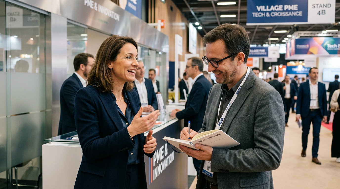 Une dirigeante de PME applique une stratégie de relations presse lors d'un salon professionnel.