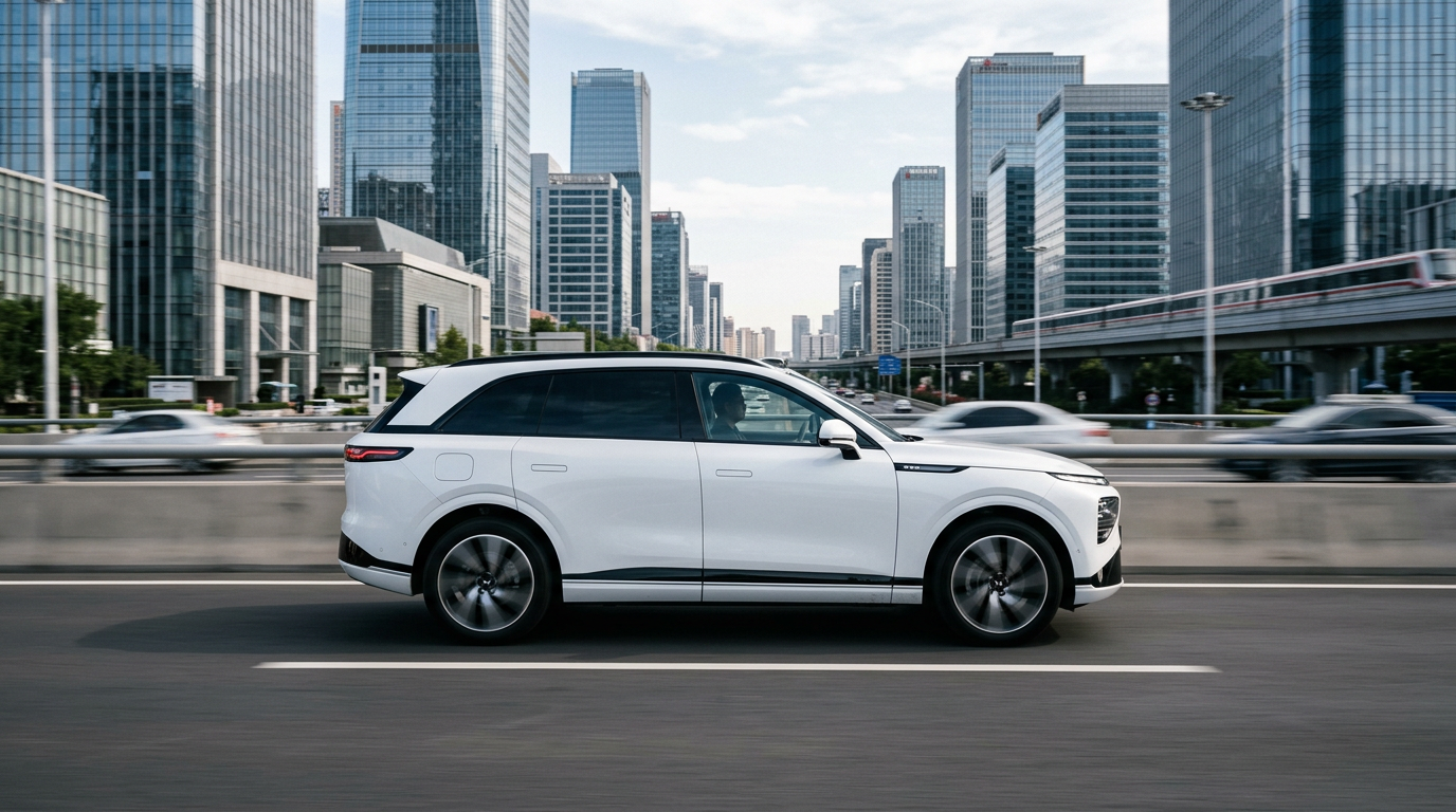 Un véhicule électrique chinois, le XPeng G9L, roulant sur une autoroute, illustrant l'expansion des vehicules sur le marché.