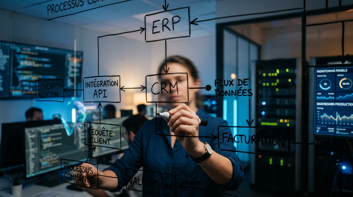 Schéma d'automatisation des processus métier sur un tableau blanc, illustrant le défi d'intégration ERP.