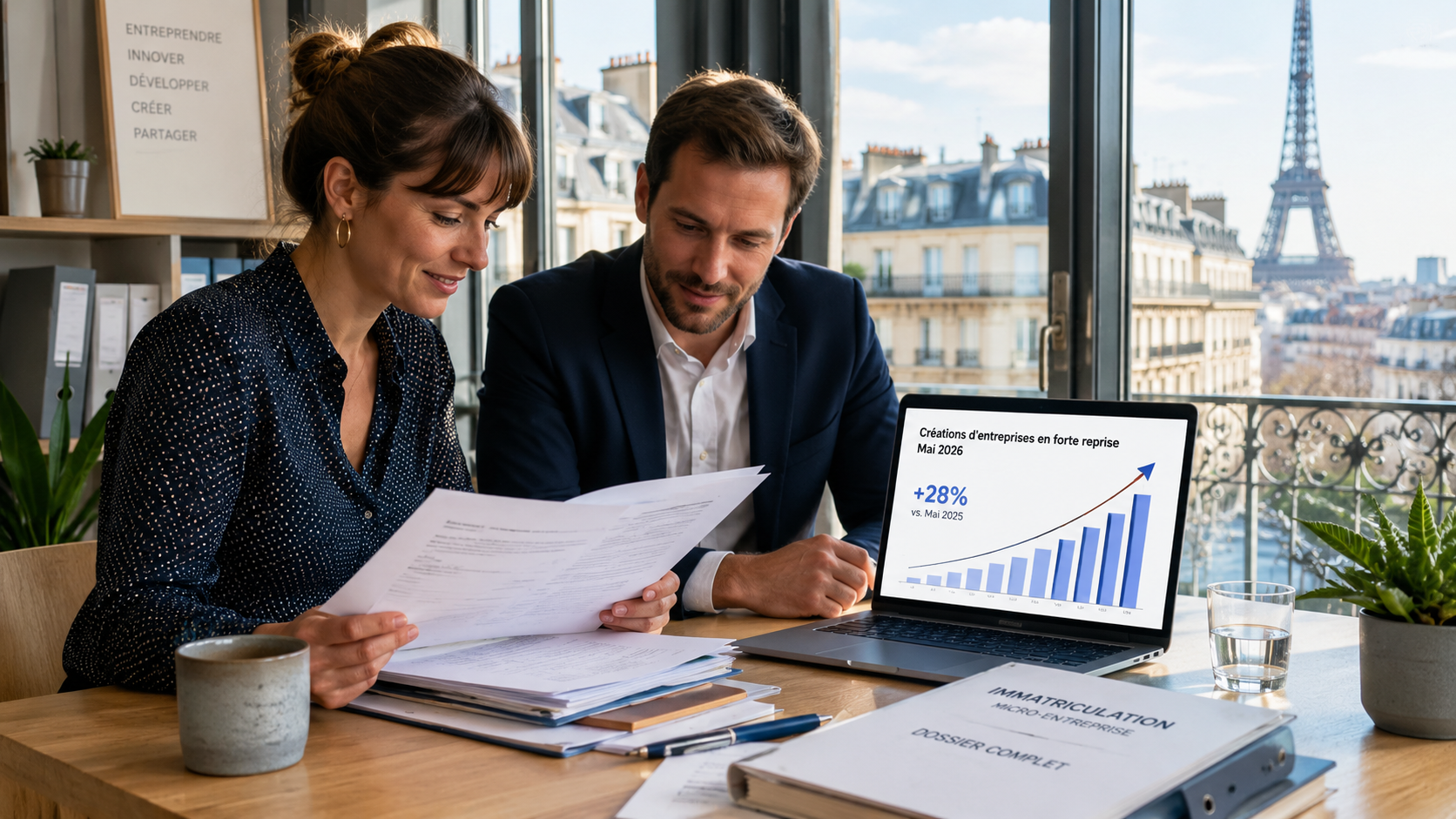 Deux entrepreneurs analysent des documents d’immatriculation dans un bureau parisien, avec un ordinateur affichant une courbe de croissance des créations d’entreprises en mai 2026.