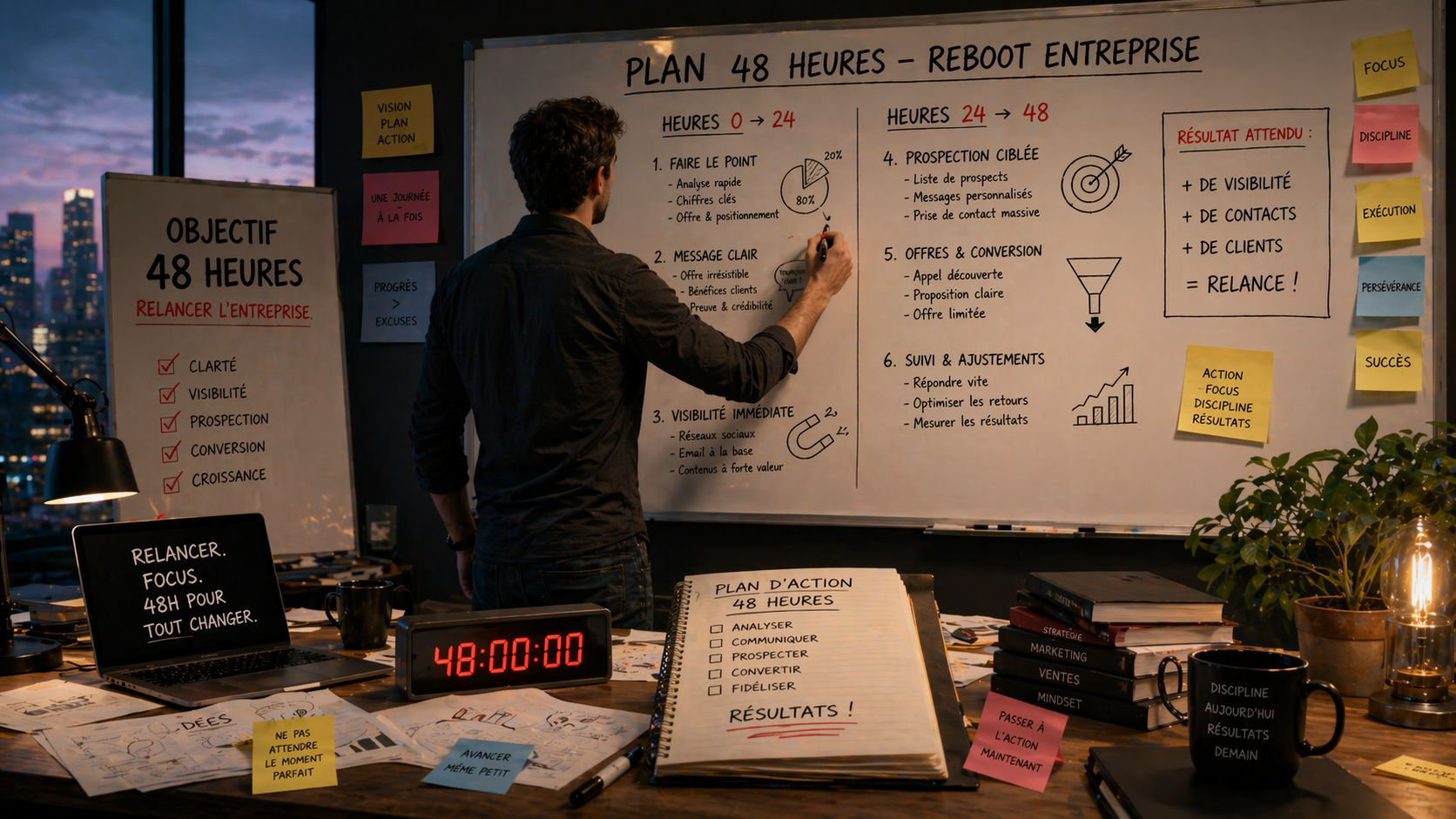Entrepreneur debout devant un grand tableau stratégique, structurant un plan de relance sur 48 heures dans un bureau transformé en véritable cellule d’exécution, avec objectifs, priorités et actions concrètes pour redonner un élan immédiat à son entreprise.