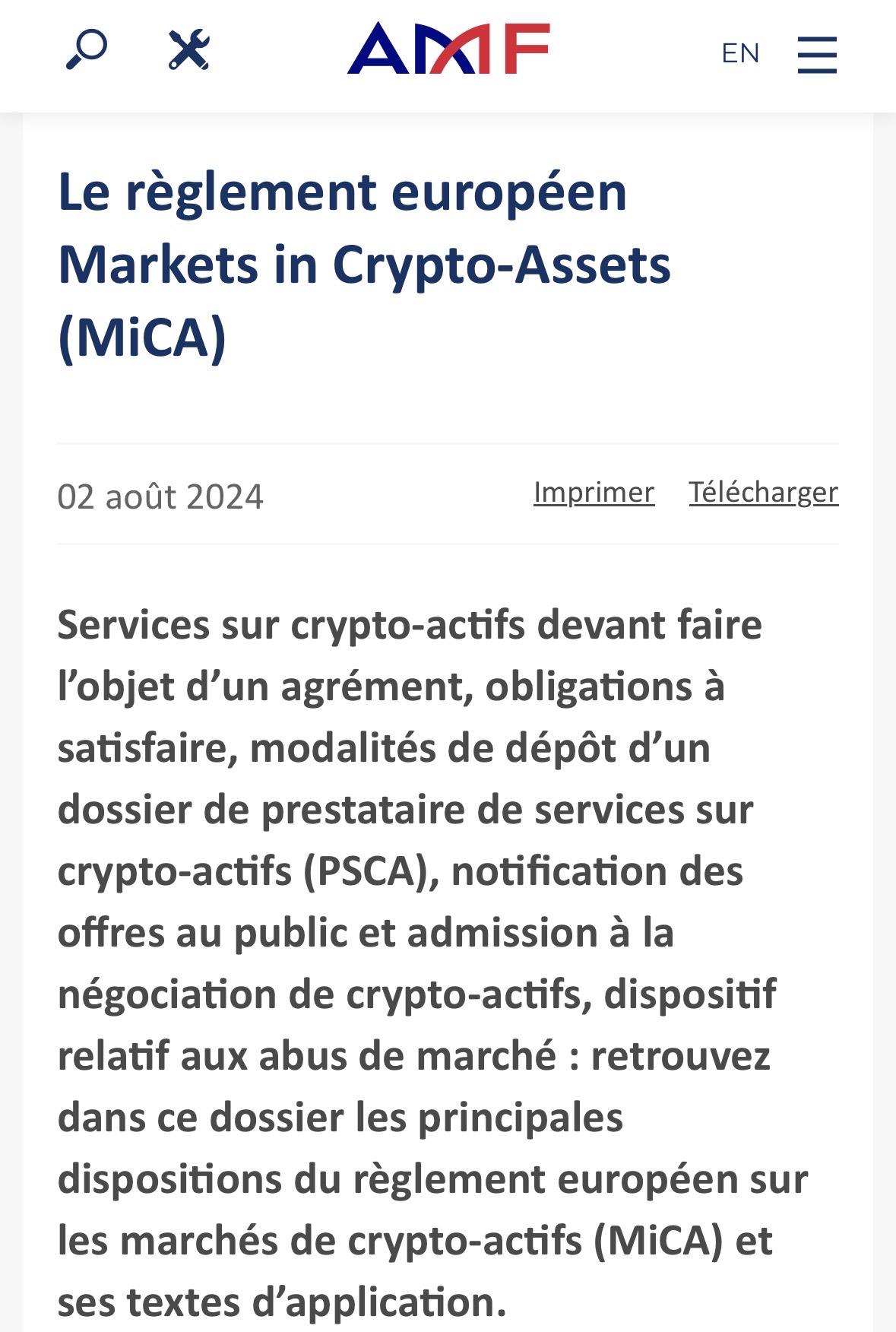 Capture d’écran du site de l’AMF, sur le dossier MICA.