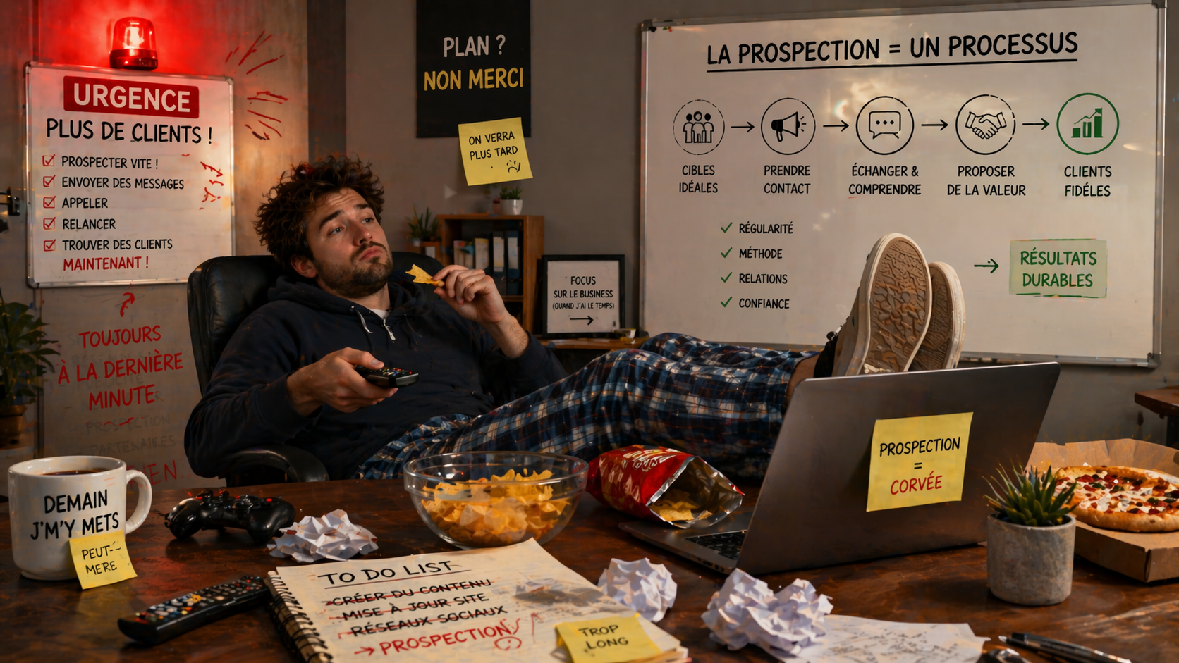 Entrepreneur assis de manière relâchée dans un bureau encombré, entouré de signaux d’urgence liés au manque de clients, tandis qu’un tableau rappelle que la prospection devrait être un processus régulier et structuré plutôt qu’une réaction de dernière minute.