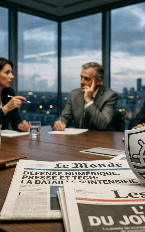 Illustration du conflit juridique opposant 53 journaux français au navigateur Brave sur fond de presse numérique.