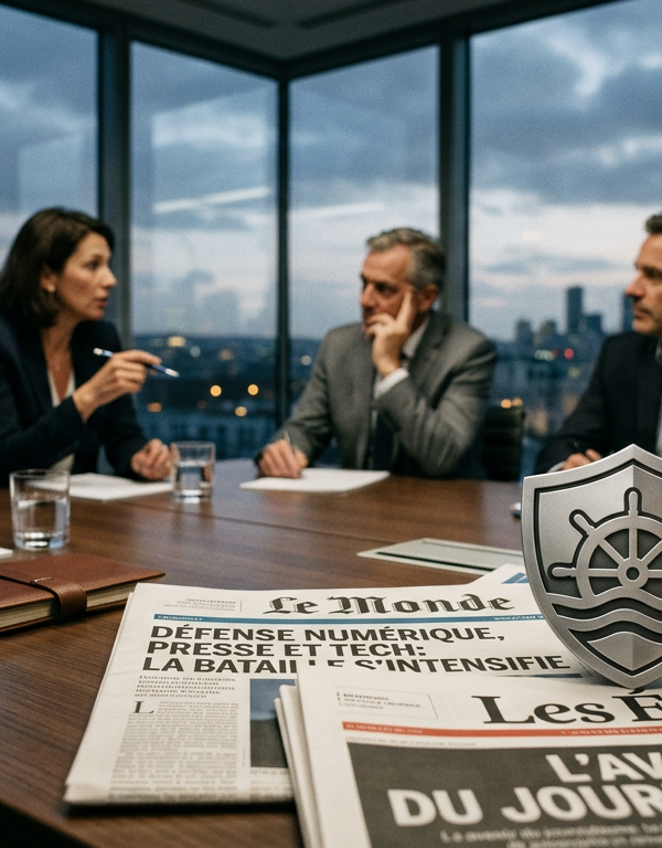 Illustration du conflit juridique opposant 53 journaux français au navigateur Brave sur fond de presse numérique.