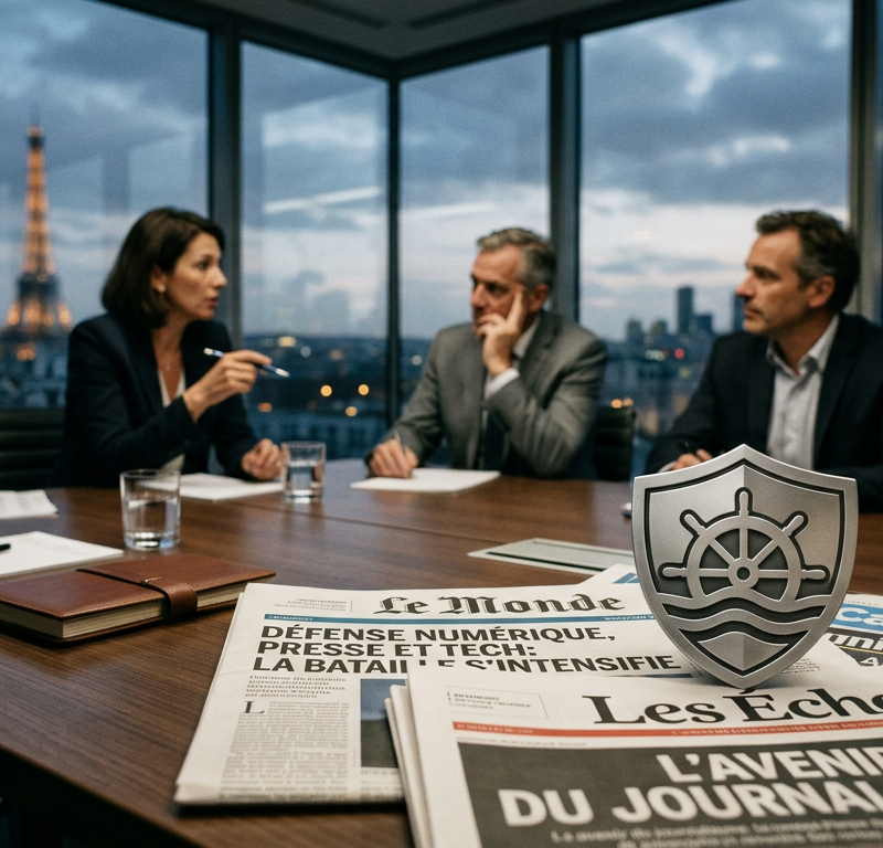 Illustration du conflit juridique opposant 53 journaux français au navigateur Brave sur fond de presse numérique.