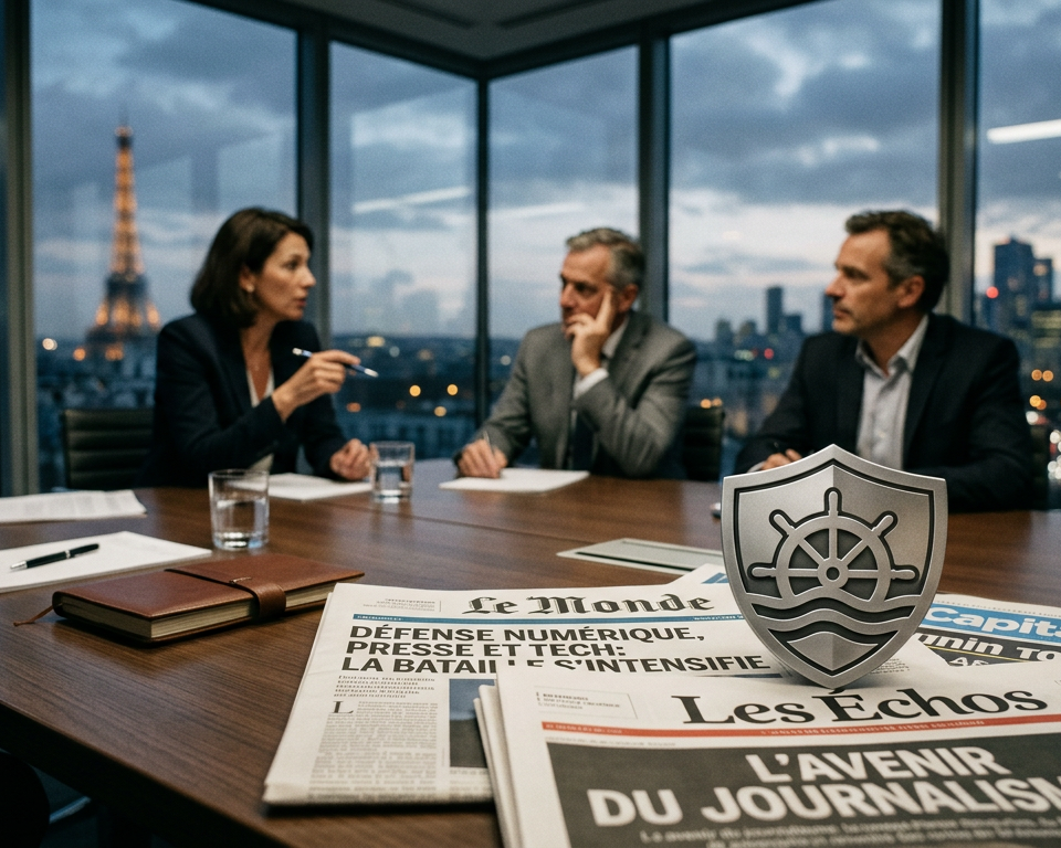 Illustration du conflit juridique opposant 53 journaux français au navigateur Brave sur fond de presse numérique.