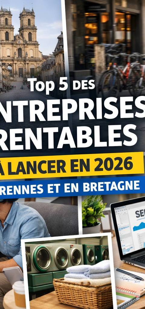 Illustration d'un entrepreneur souriant devant la skyline de Rennes, symbolisant une entreprise rentable à Rennes et en Bretagne en 2026.