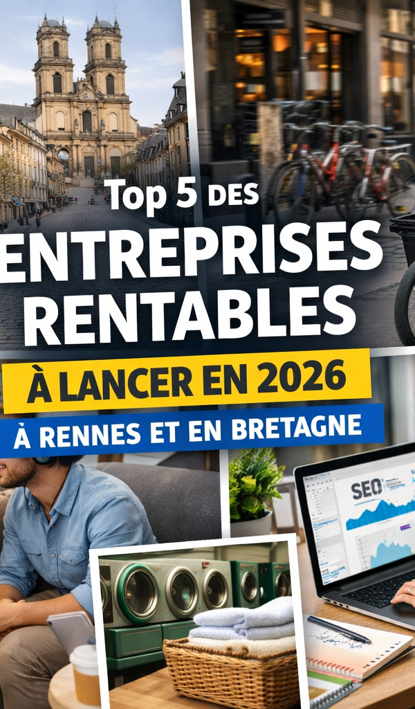 Illustration d'un entrepreneur souriant devant la skyline de Rennes, symbolisant une entreprise rentable à Rennes et en Bretagne en 2026.