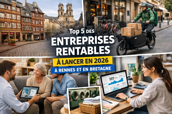 Illustration d'un entrepreneur souriant devant la skyline de Rennes, symbolisant une entreprise rentable à Rennes et en Bretagne en 2026.