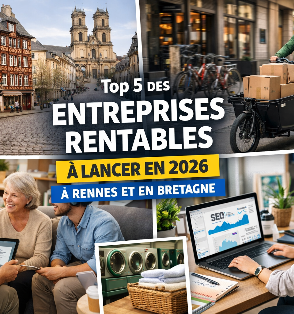 Illustration d'un entrepreneur souriant devant la skyline de Rennes, symbolisant une entreprise rentable à Rennes et en Bretagne en 2026.