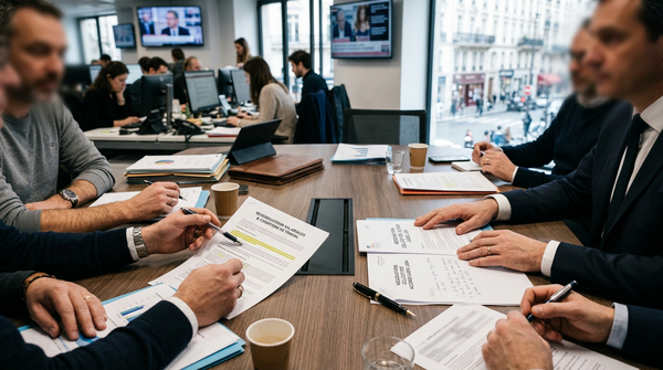 Réunion de dirigeants de PME discutant du coût des accidents du travail et des nouvelles réformes.
