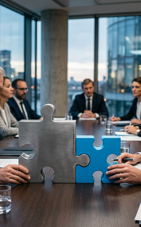 Illustration d'une main tendue entre deux entreprises, symbolisant une acquisition réussie dans la tech et l'intégration d'expertise en IA.