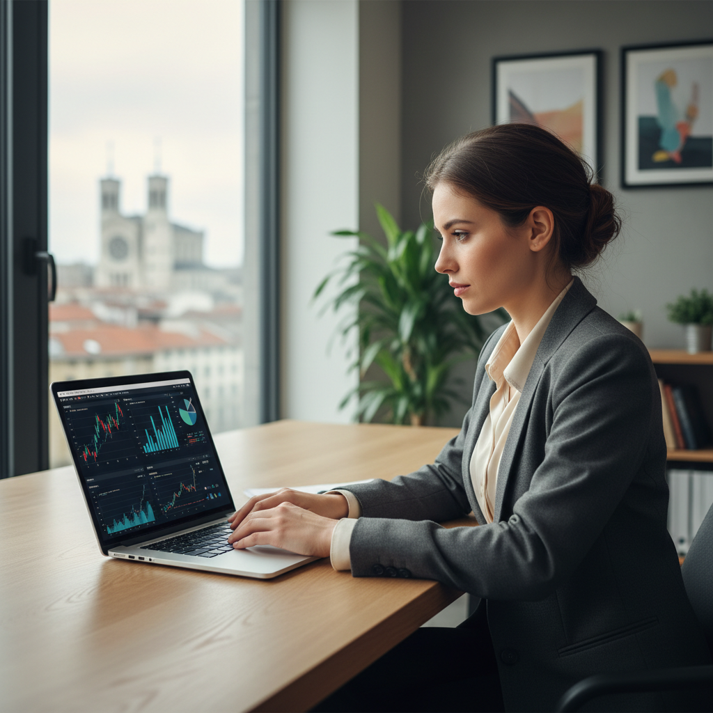 Une femme souriante devant un ordinateur, symbolisant la réussite entrepreneuriale grâce à l'exonération ACRE conditions en 2026.