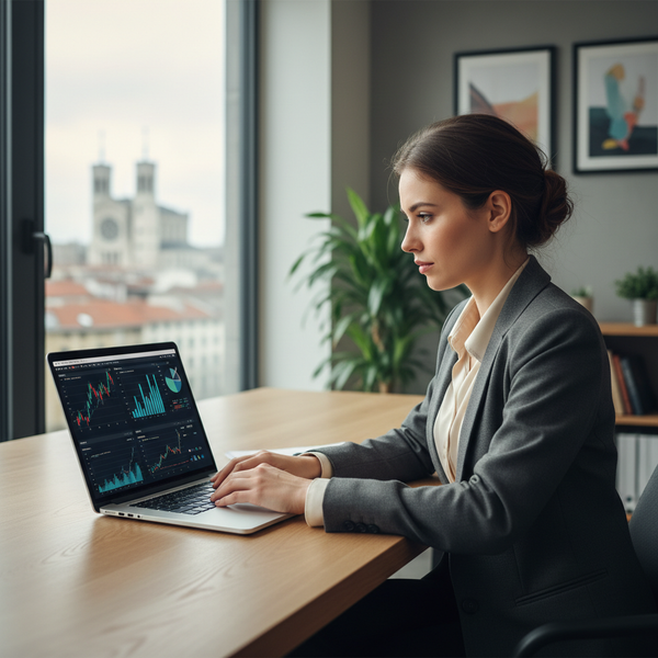Une femme souriante devant un ordinateur, symbolisant la réussite entrepreneuriale grâce à l'exonération ACRE conditions en 2026.