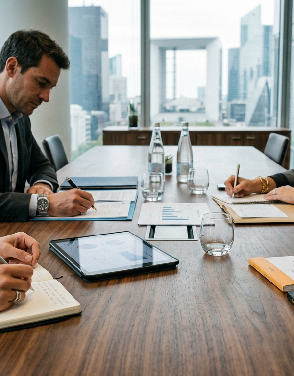 Des dirigeants de PME lorraines discutant autour d'une table, symbolisant l'action patronale collective et la mutualisation des forces face à la crise économique.