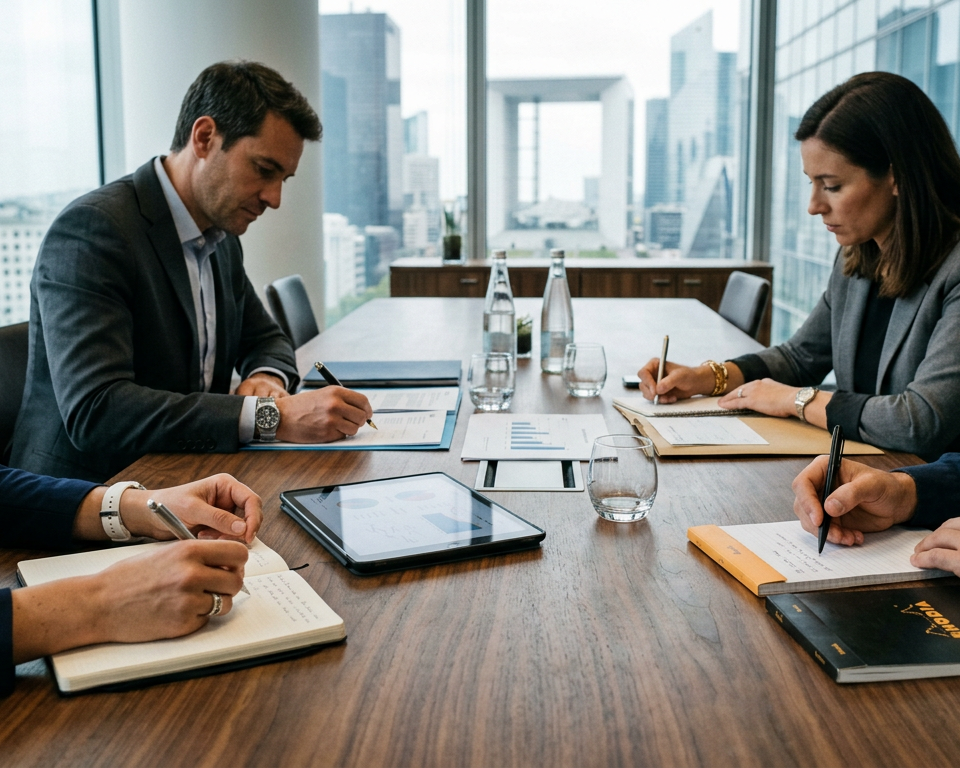 Des dirigeants de PME lorraines discutant autour d'une table, symbolisant l'action patronale collective et la mutualisation des forces face à la crise économique.