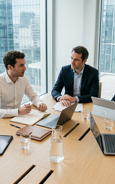 Illustration d'un groupe de professionnels diversifiés en réunion, symbolisant un advisory board PME, discutant de stratégies de croissance et de gouvernance agile autour d'une table.