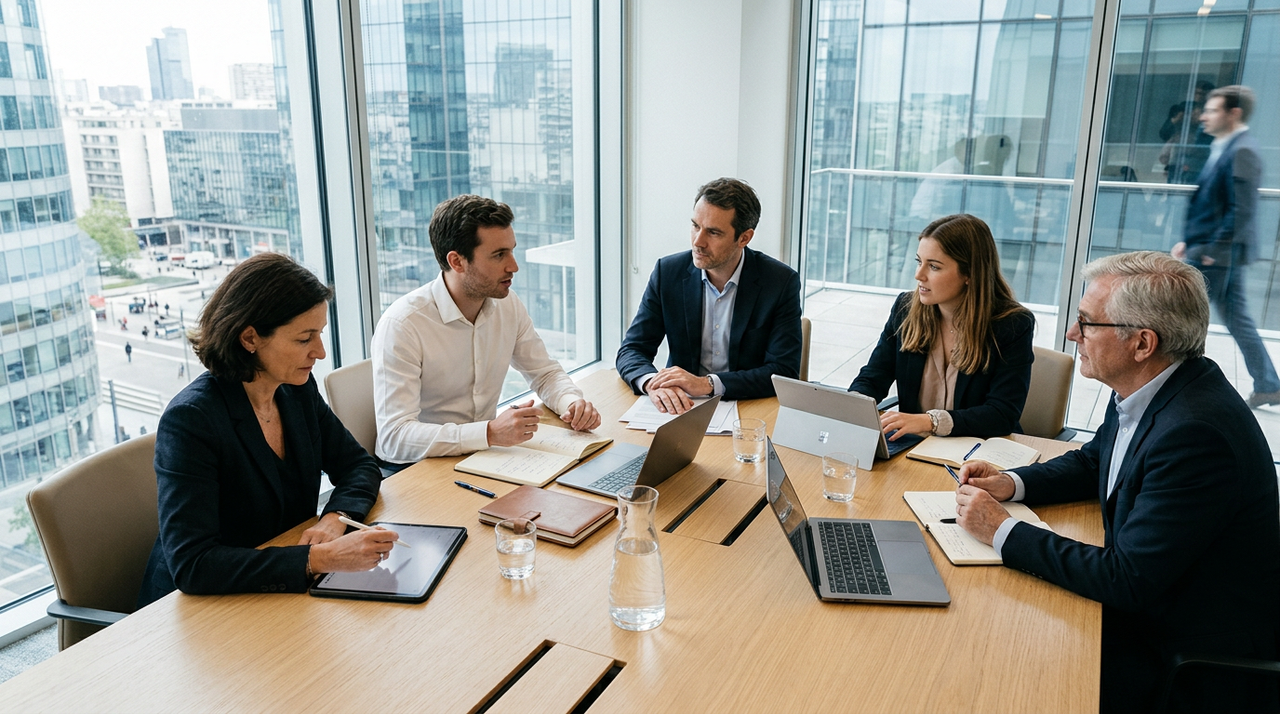 Illustration d'un groupe de professionnels diversifiés en réunion, symbolisant un advisory board PME, discutant de stratégies de croissance et de gouvernance agile autour d'une table.
