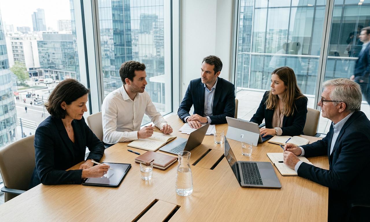 Illustration d'un groupe de professionnels diversifiés en réunion, symbolisant un advisory board PME, discutant de stratégies de croissance et de gouvernance agile autour d'une table.