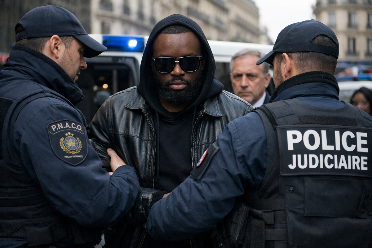 Gims, l'artiste, sur fond de symboles financiers et judiciaires, illustrant l'affaire Gims et les soupçons de blanchiment.