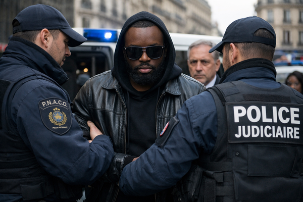 Gims, l'artiste, sur fond de symboles financiers et judiciaires, illustrant l'affaire Gims et les soupçons de blanchiment.