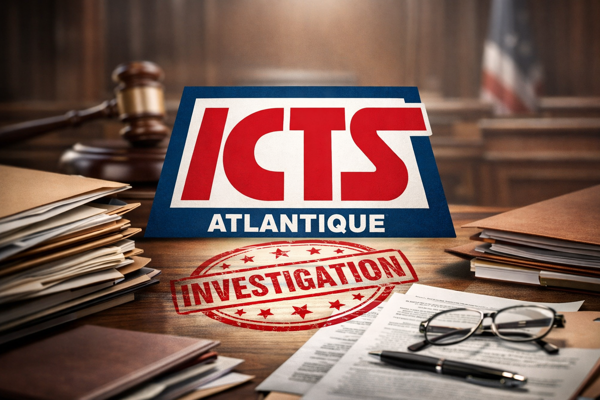 Logo ICTS Atlantique mis en scène sur une table de dossiers dans une salle d’audience, avec documents, lunettes et tampon “Investigation”, dans une ambiance éditoriale évoquant une enquête judiciaire.