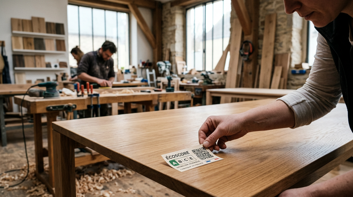 Une femme souriante, Élise Le Goff, fondatrice de Ker-Design, présentant un meuble en bois avec un logo d'affichage environnemental non-alimentaire stylisé, symbolisant l'innovation et l'adaptation des PME face aux nouvelles réglementations.