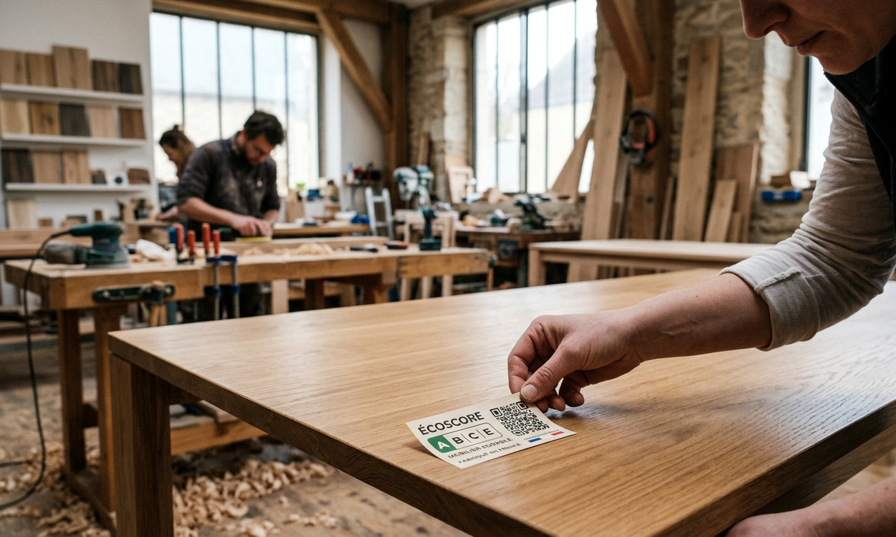 Une femme souriante, Élise Le Goff, fondatrice de Ker-Design, présentant un meuble en bois avec un logo d'affichage environnemental non-alimentaire stylisé, symbolisant l'innovation et l'adaptation des PME face aux nouvelles réglementations.