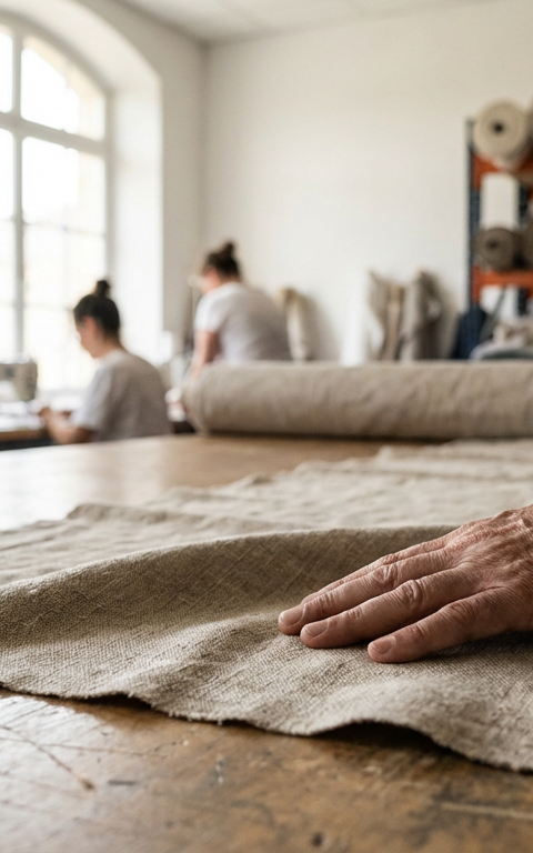 Une bobine de fil textile avec des étiquettes d'affichage environnemental, symbolisant la transparence et l'innovation d'une PME dans le secteur textile.