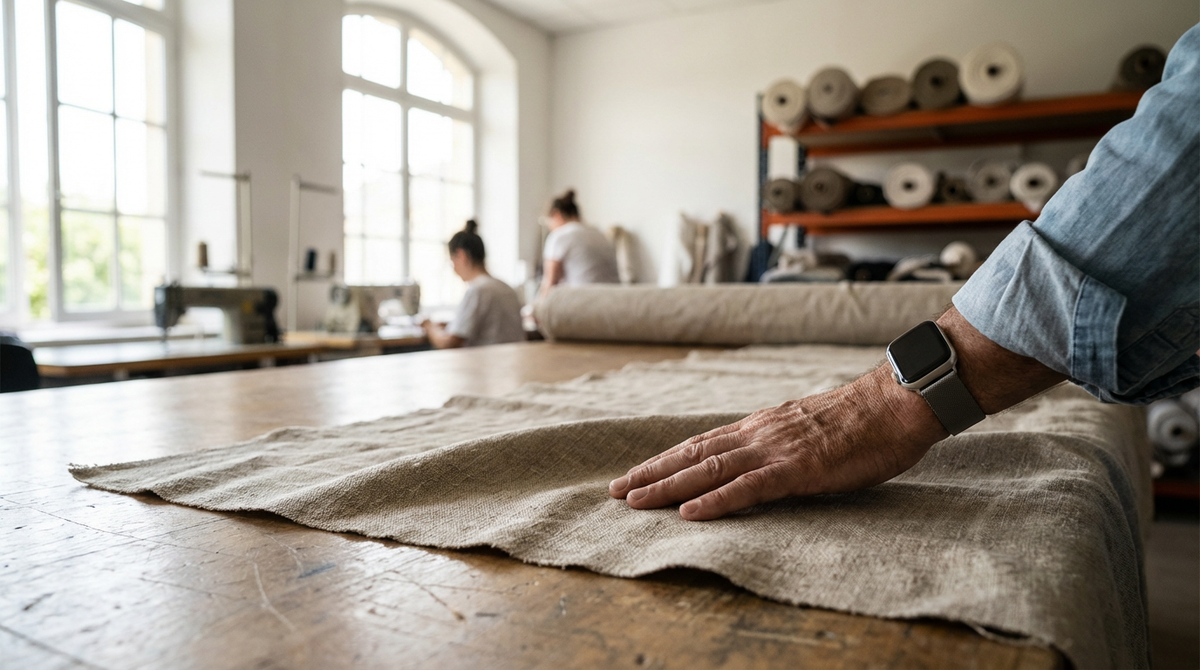 Une bobine de fil textile avec des étiquettes d'affichage environnemental, symbolisant la transparence et l'innovation d'une PME dans le secteur textile.