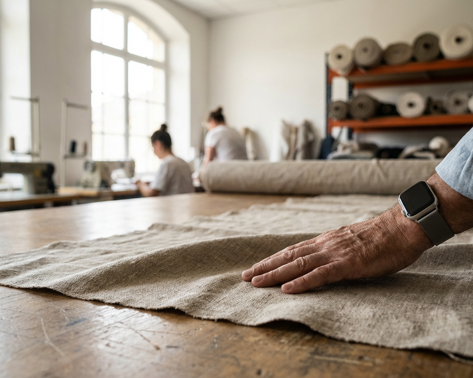 Une bobine de fil textile avec des étiquettes d'affichage environnemental, symbolisant la transparence et l'innovation d'une PME dans le secteur textile.