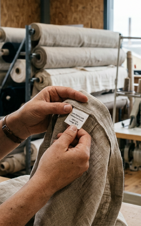 Une main tenant un tissu avec des icônes d'impact environnemental, symbolisant l'affichage environnemental textile et les défis de conformité pour les PME.