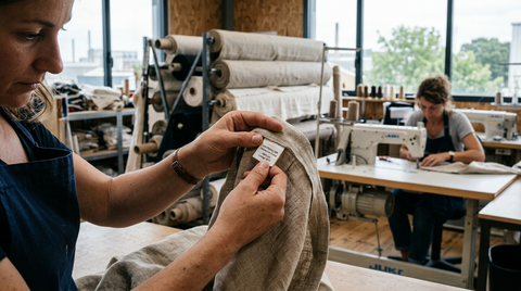 Une main tenant un tissu avec des icônes d'impact environnemental, symbolisant l'affichage environnemental textile et les défis de conformité pour les PME.