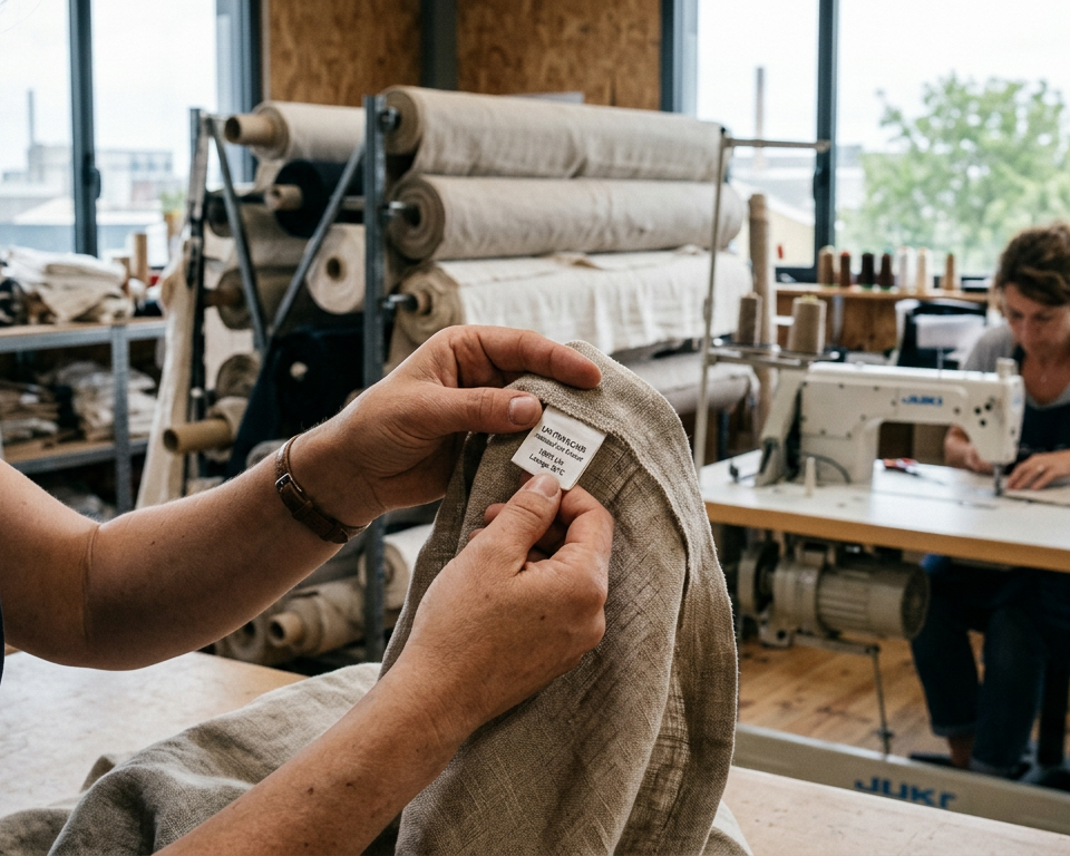 Une main tenant un tissu avec des icônes d'impact environnemental, symbolisant l'affichage environnemental textile et les défis de conformité pour les PME.