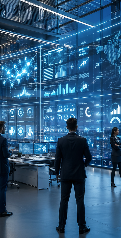 Centre de pilotage d’une grande entreprise dans un environnement technologique avancé, où équipes, tableaux de bord numériques géants et systèmes automatisés illustrent l’intégration massive de l’intelligence artificielle dans les opérations stratégiques.