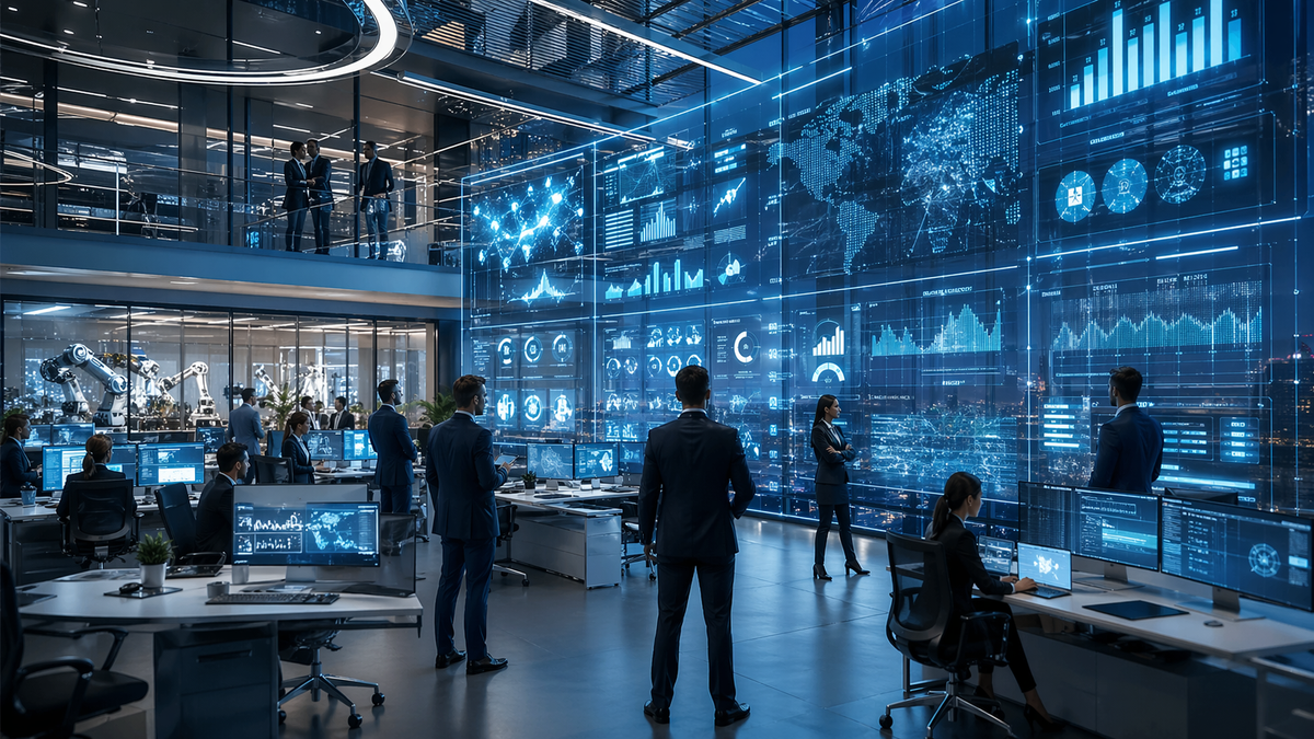 Centre de pilotage d’une grande entreprise dans un environnement technologique avancé, où équipes, tableaux de bord numériques géants et systèmes automatisés illustrent l’intégration massive de l’intelligence artificielle dans les opérations stratégiques.